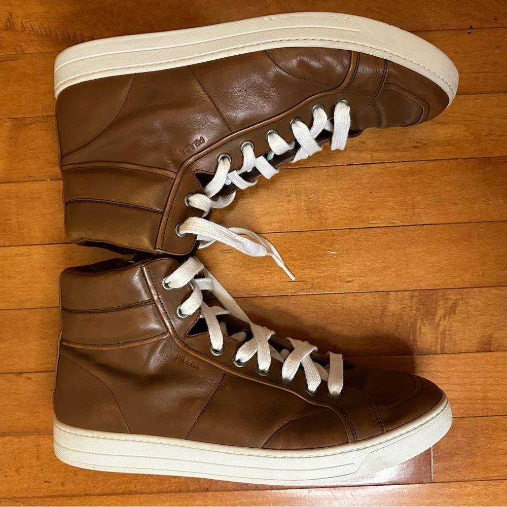 Prada High Top Men’s Brown Leather Sneakers Size US 11 - Picture 6 of 9